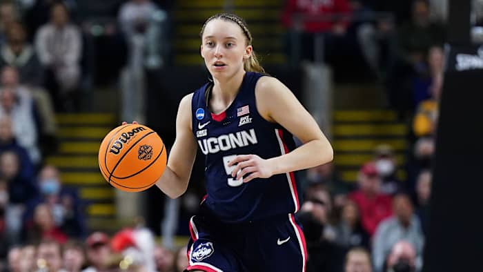 Paige Bueckers dribbles
